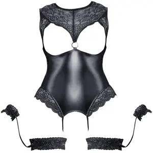 Comparateur de prix : Cotteli col Body Ouvert Effet Cuir & Dentelle Avec Jarretelles Menottes
