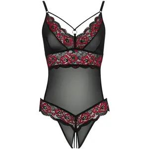 Cottelli Collection Body en dentelle avec string ouvert à l'entrejambe - Noir/Rouge