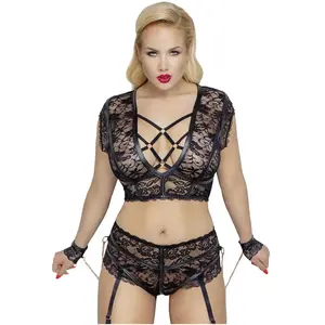 Cottelli Bondage Ensemble 2 Pièces Dentelle, Lanières & Menottes Noir GTVendu parsexyavenue