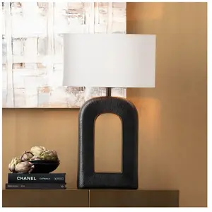 KARE Lampe de table Tube, noir/blanc, textile de lin, hauteur 79 cm pas cher