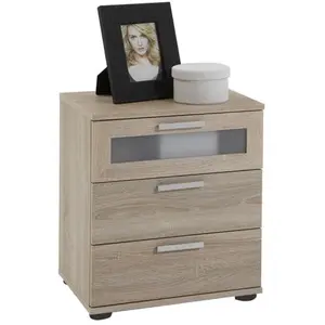 Comparateur de prix : FMD Table de chevet Jack à 3 tiroirs, décor chêne brun, réalisée en aggloméré.