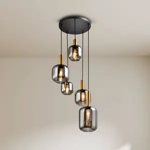 Näve Suspension Fumo, verre fumé, à 5 lampes, ronde pas cher