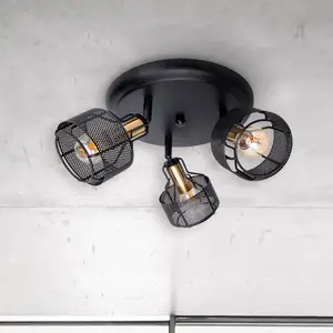 Näve Plafonnier rond Foro, à trois lampes, noir/doré pas cher