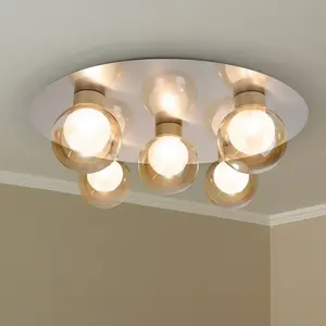 Näve Plafonnier Donika, à 5 lampes rondes, verre, acier, ambre, G9 pas cher