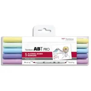 Tombow ABTP-5P-2 Marqueur à base d'alcool ABT PRO à deux pointes, set de 5 pièces, Pastel Colors