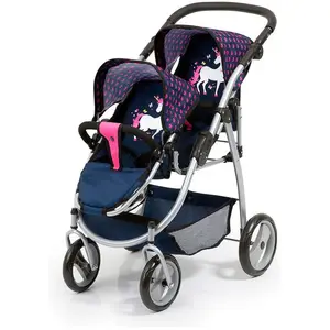Comparateur de prix : BAYER Poussette jumelle pour poupée licorne bleu et rose vif réglable