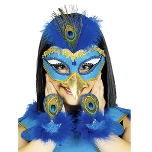 Set de Paon en plumes (masque, col, bracelets), Bleu