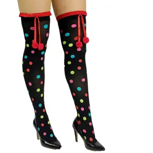 RueDeLaFete Bas noirs à pois multicolores et pompons pas cher