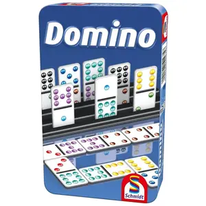 Comparateur de prix : Schmidt Spiele Jeu de Domino Voyage en Boîte Métallique - 15 Variantes Incluses - Neuf