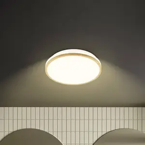 Briloner Plafonnier LED Acorus, Ø 28 cm, blanc/couleur bois, IP44 pas cher