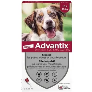 Comparateur de prix : Advantix Chien Solution Antiparasitaire Race Moyenne 10 à 25kg 6 pipettes