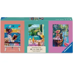 Mini puzzles 3 x 100 pièces Ravensburger Voyage du chien avec chevalet pas cher