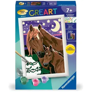 Comparateur de prix : Ravensburger - CreArt Kids 13x18 cm - Numéro d'art - Chevaux à la Nuit tombée - dès 7 Ans - Kit de Peinture par numéros - avec Peinture phosphorescente - 25751