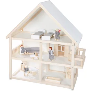Comparateur de prix : ROBA Maison de Poupée à 3 Étages en Bois Naturel + 16 Pièces de Mobili...