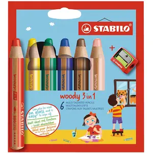 Stbl Crayon de couleur STABILO woody 3 in 1 Étui 6 couleurs + taille-crayons