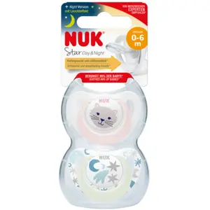 Comparateur de prix : Nuk Sucette Starlight Silicone +0m Chat Rose Étoiles Lot de 2