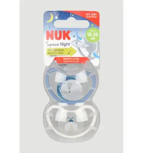 Comparateur de prix : Nuk Space Night Sucette Physiologique Bleu Gris +18m Lot de 2