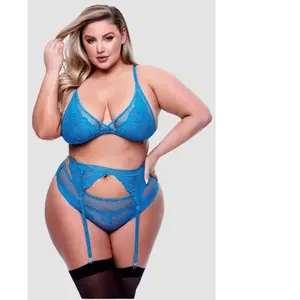 Baci Lingerie Ensemble 3 Pièces Résille & Dentelle Bleue GT