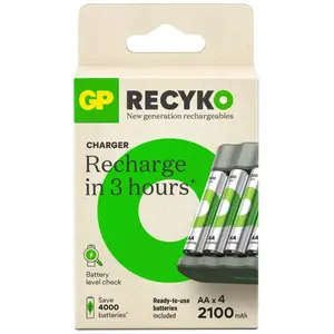 Comparateur de prix : Chargeur de batterie GP B441 + 4 piles AA rechargeables 2100 mAh, idéal pour un usage quotidien | Charge USB, charge rapide, design compact