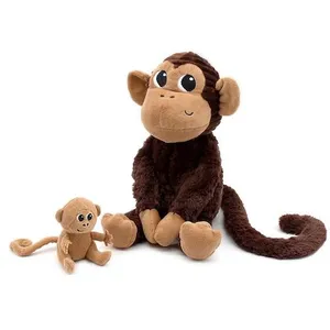Peluche singe Zazou maman et son bébé marron chocolat