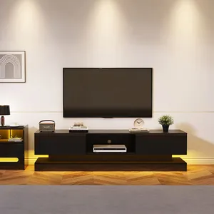 Pugsdrly Meuble TV brillant avec éclairage LED 2 tiroirs contrôle par ... pas cher