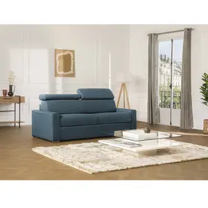 Comparateur de prix : Vente-Unique Canapé 3 places convertible express en tissu bleu - couchage lattes larges 140 cm - Matelas 18 cm avec mémoire de forme VIZIR