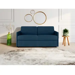 Comparateur de prix : Vente-Unique Canapé 3 places convertible express en tissu bleu foncé - Couchage à lattes larges 140 cm - Matelas 14 cm CALIFE