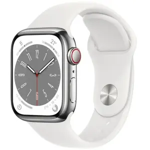 Apple Watch Series 8 (2022) GPS + Cellular 41 mm - Acier inoxydable Argent - Bracelet sport Blanc pas cher