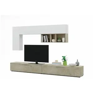MEUBLES LINE Ensemble Meuble télé Laska de 260 cm Couleur Blanc et chêne Alaska. Support TV pas cher