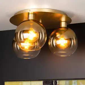 Comparateur de prix : Lucide Plafonnier Marius, doré, Ø 50 cm, verre, à 3 lampes