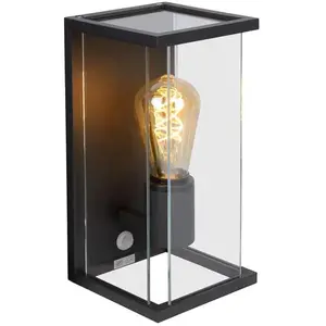 Comparateur de prix : Lucide Applique extérieur industrielle noire en métal et verre avec capteur claire