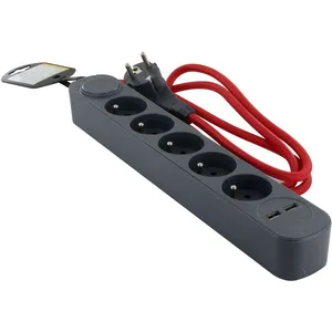 Comparateur de prix : CHACON Multiprise gris et câble textile rouge avec 2 USB - 1,5m