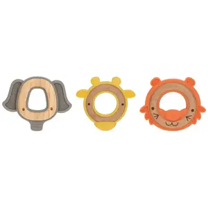 Nuby Silicone/Wood Teether Animals - Version 1 éléphant / Giraffe / Tigre pas cher