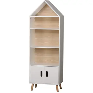 Comparateur de prix : Judy Wild Meuble de rangement Bibliothèque Enfant Forme Maison 4 Etagères et 2 Portes 50 x 30 x H.142 cm