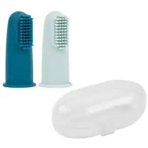 Nattou Lot de 2 brosses à dents à doigt bleu + étui de protection