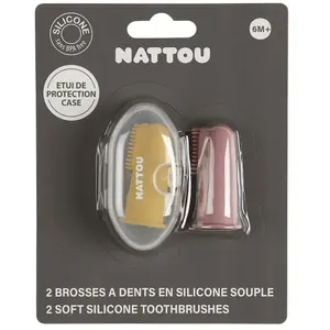 Comparateur de prix : Nattou Lot de 2 brosses à dents à doigt ocre et rose + étui de protection