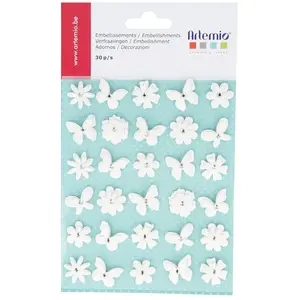 Artemio Papillons/Fleurs papier - Blanc pailletté - 30 pièces pas cher