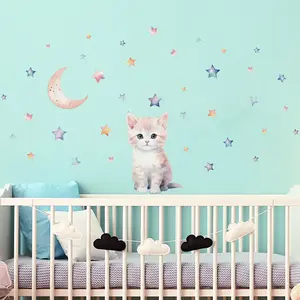 Ambiance-sticker Stickers chaton étoiles avec la lune aquarellesVendu parambiance-sticker