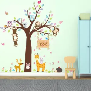 Ambiance-sticker Sticker zoo arbre géant avec singes, hiboux et girafeVendu parambiance-sticker