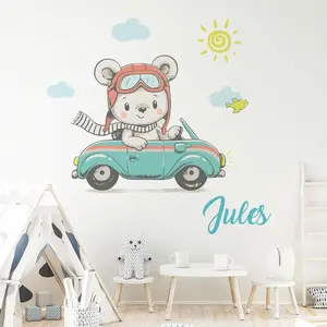 Ambiance-sticker Sticker prénom personnalisé ourson en balade automobileVendu parambiance-sticker