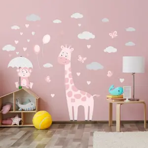 Ambiance-sticker Stickers girafes et singes en balade sous une pluie de coeursVendu parambiance-sticker