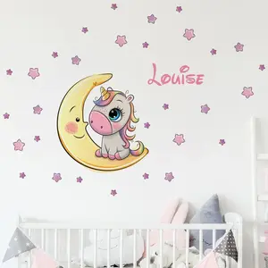 Ambiance-sticker Sticker personnalisable prénom licorne mignonne sur la luneVendu parambiance-sticker