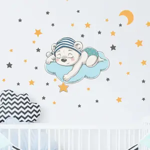Ambiance-sticker Stickers enfant ourson rêveur et 50 étoiles pas cher