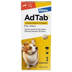 Comparateur de prix : ELANCO Adtab Antiparasitaires 225Mg Chiens 5,5 à 11Kg Boite de 3 Comprimés