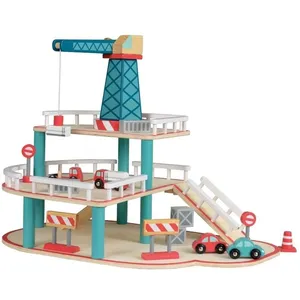 Garage en bois avec grue - Egmont Toys - 2 voitures, 3 camions et panneaux de signalisation pas cher