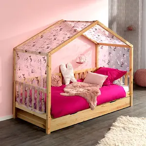 Comparateur de prix : vipack Lit cabane 90x200 cm en pin naturel avec tiroir et textile - ROODY