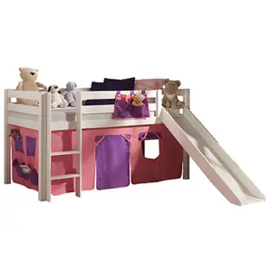 Vipack Pino Lit Mezzanine Avec Toboggan Pin Massif Blanc + Rideau De Lit Bella pas cher