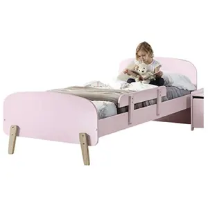Lit 90x200 cm avec rambarde bois laqué rose et pieds pin clair Kiddy
