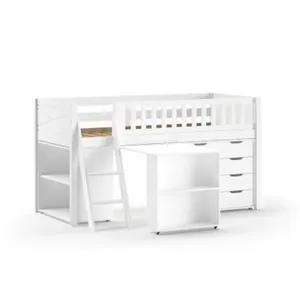 vipack Lit Mi-Hauteur Scott Bureau Bibliothèque Commode Blanc