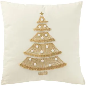 Comparateur de prix : J-Line Coussin Sapin Franges+Pompomps Coton Blanc/Doré TU